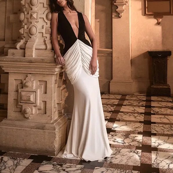 Elegant Black And White Plt Label Monochrome Slinky Plunge Draped Maxi Dress